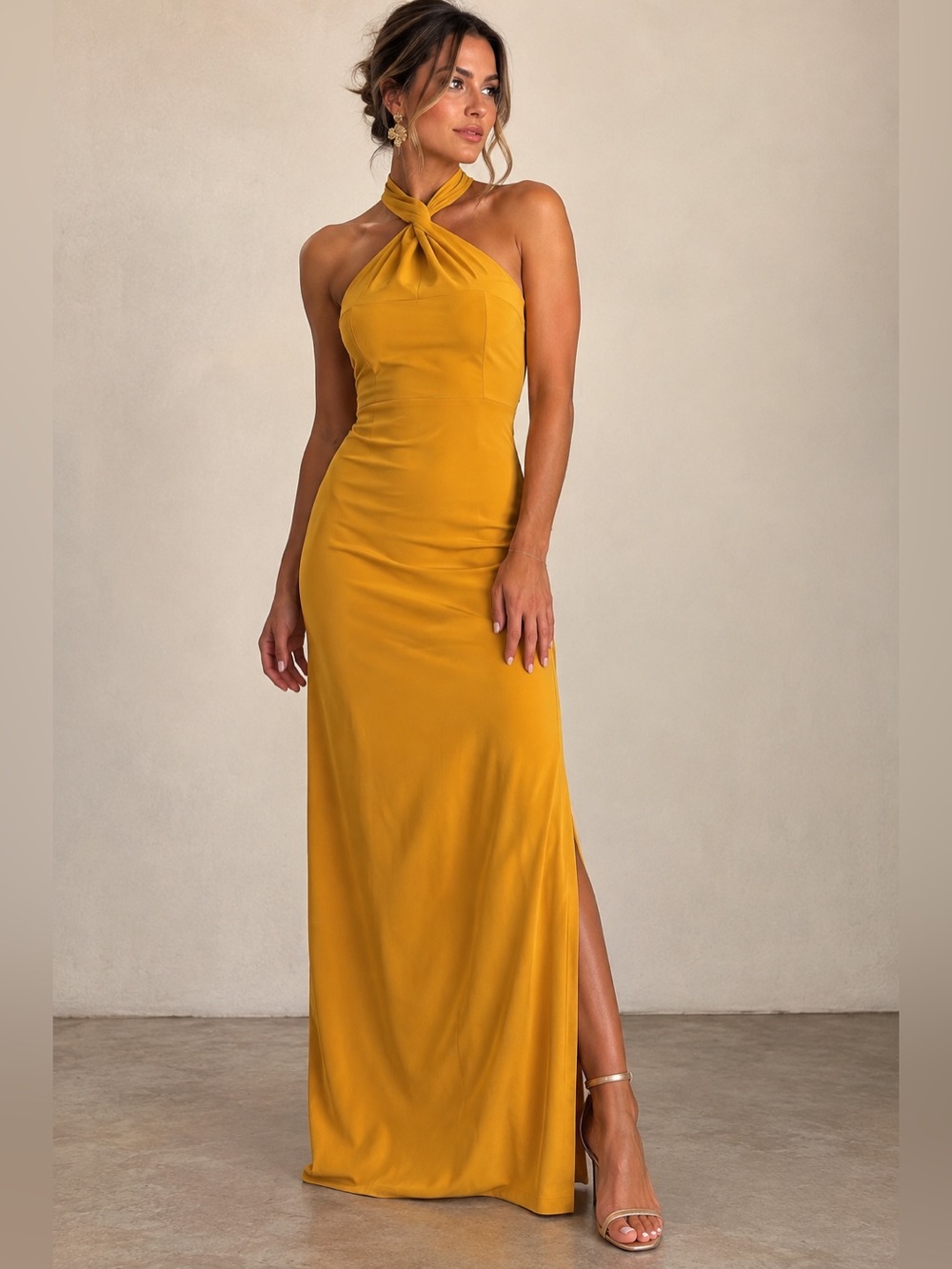 Lulus Mustard Gold Halter Maxi Dress M Twist Neck Open Back Formal Wedding NWT
